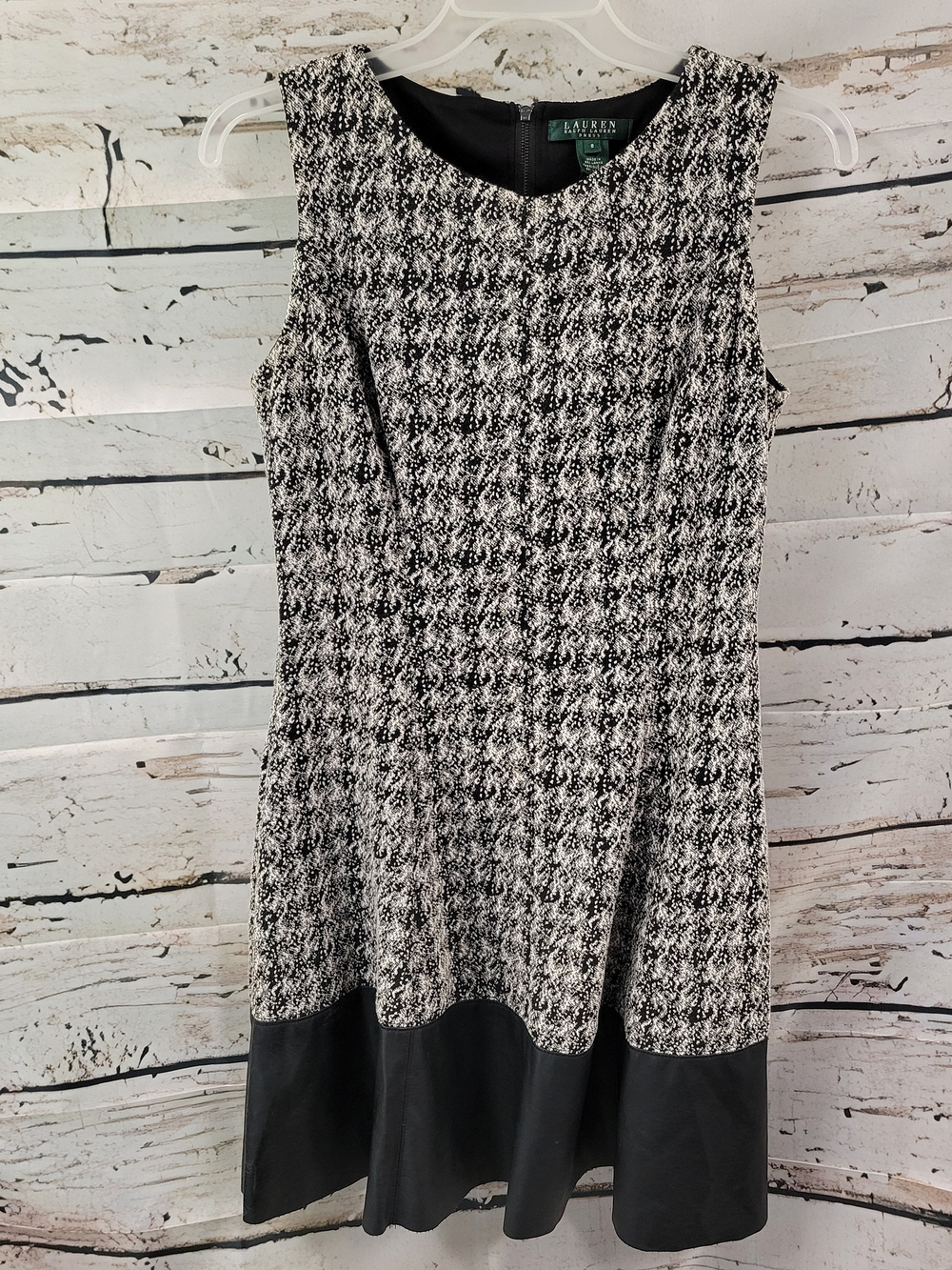 Lauren Ralph Lauren Black White Tweed A-Line Dress Size 8 Faux Leather